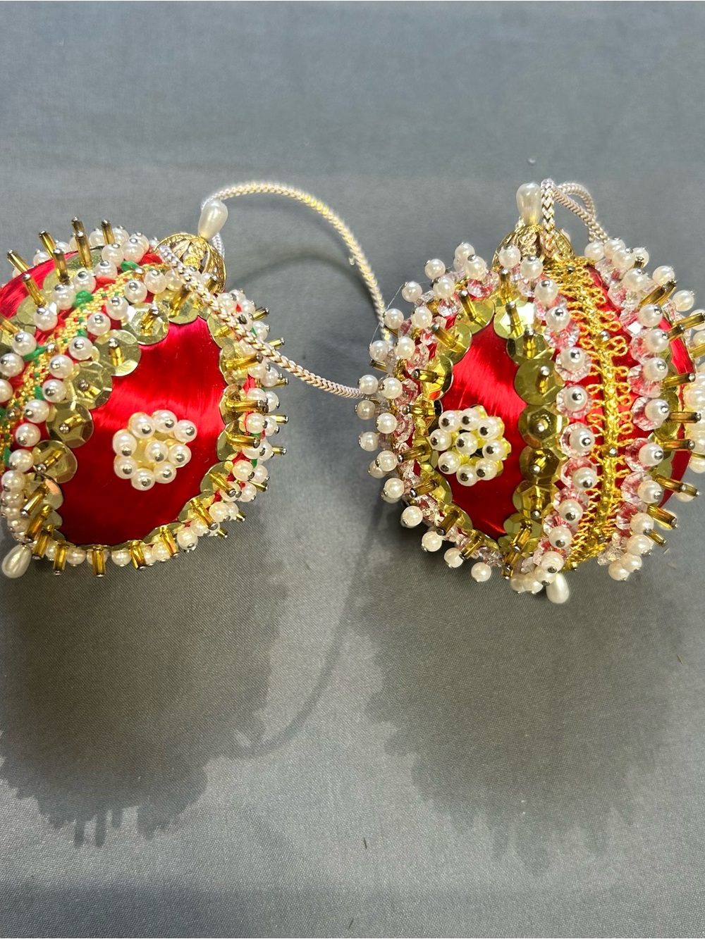 Vintage Lot Of 2 Handmade Red Satin Sequin Push Pin Round Christmas Ornaments